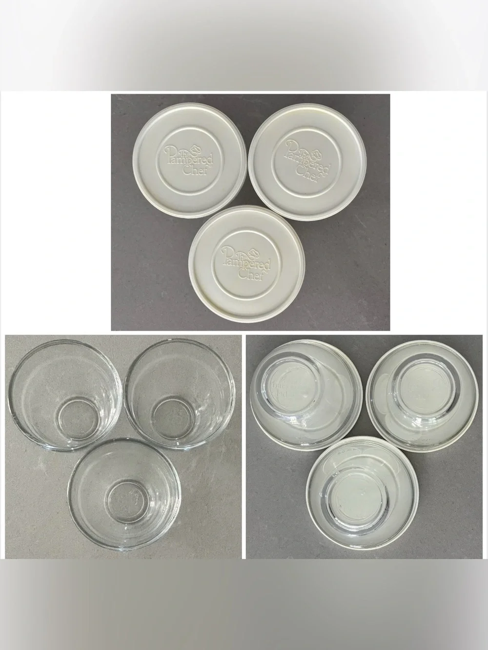 set of 3 Pampered Chef glass prep bowls 3/4 cup / 175 ml with lids